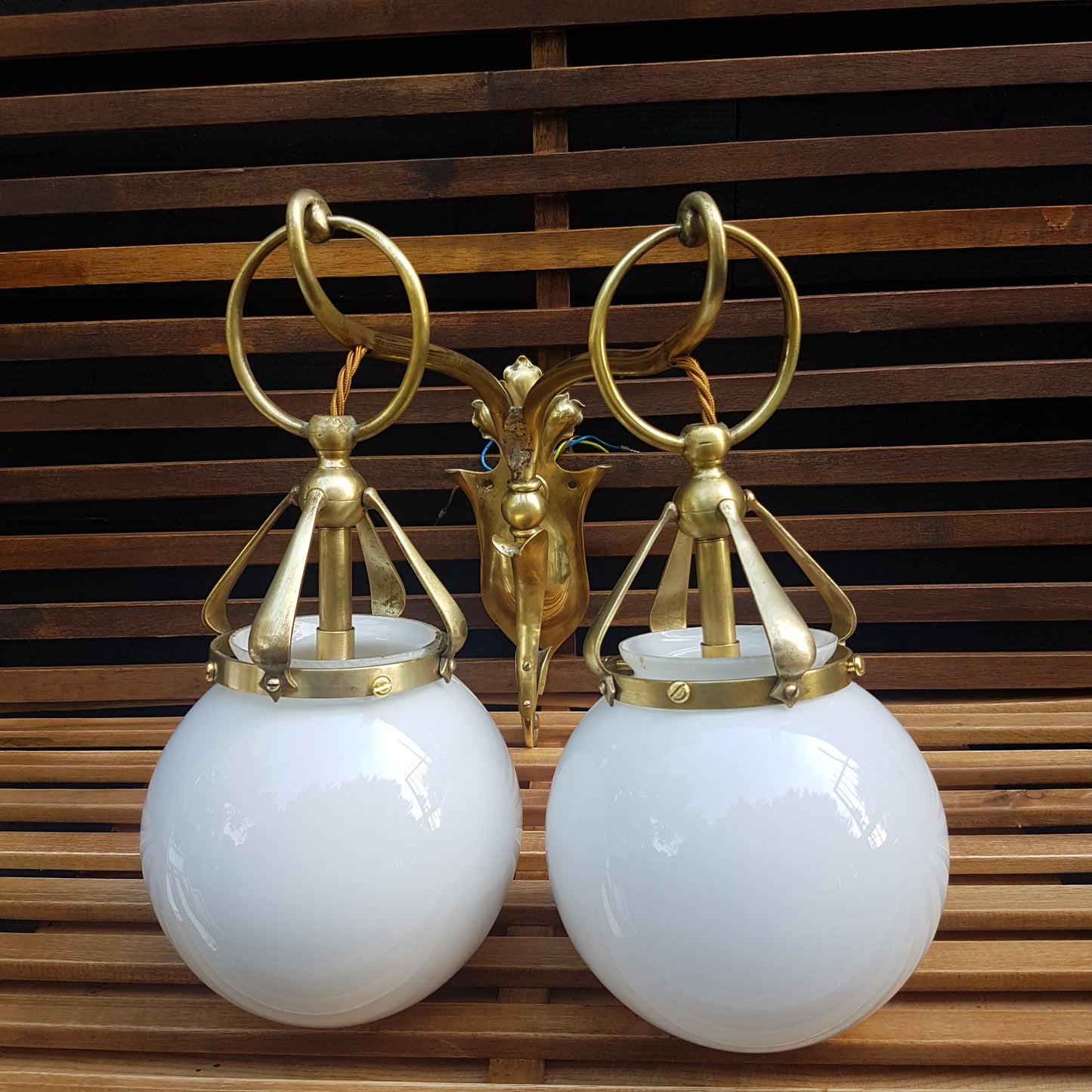 Edwardian Antique Wall Lights with Opaline Shades