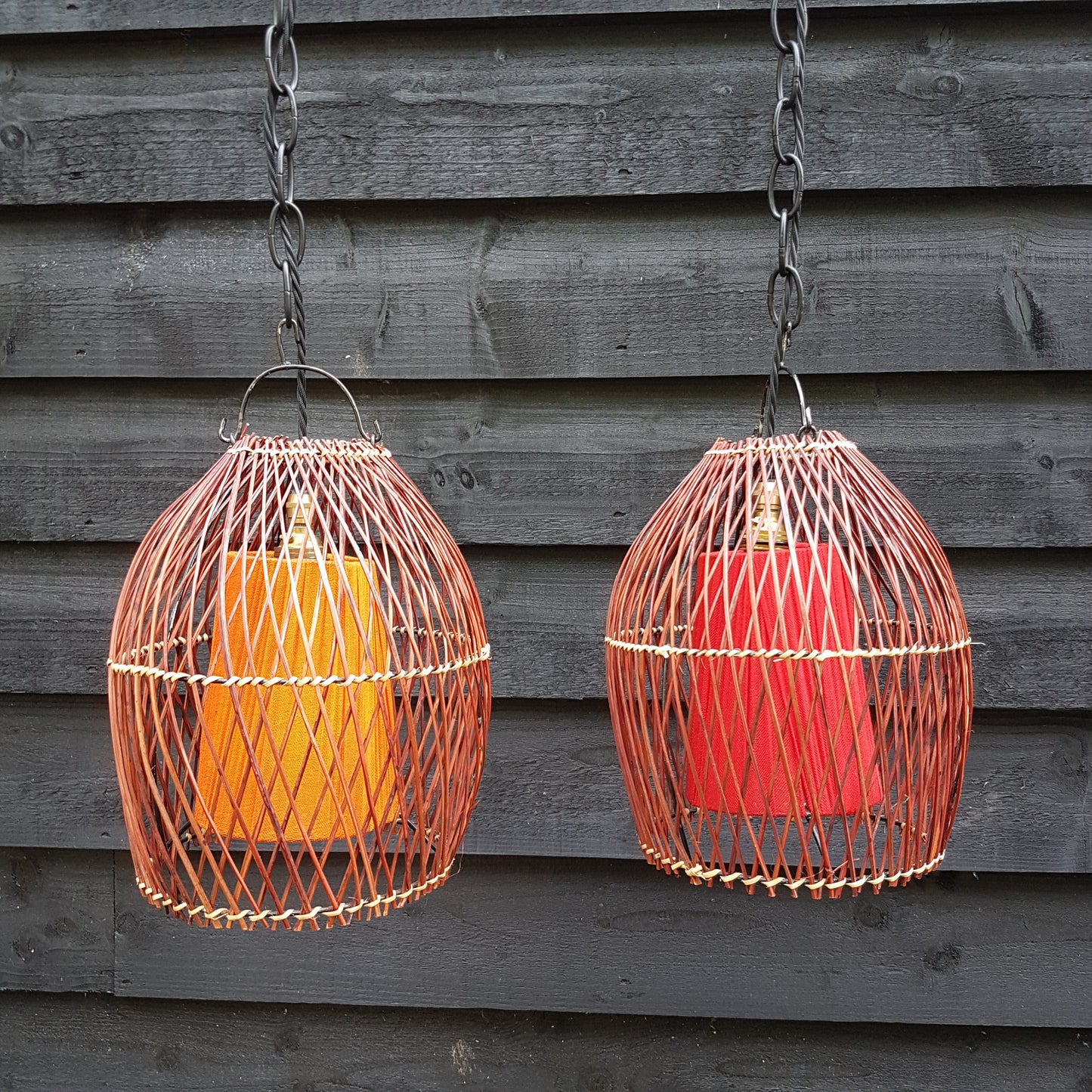 1960's Pair of Rattan Cane Pendant Ceiling Lamps