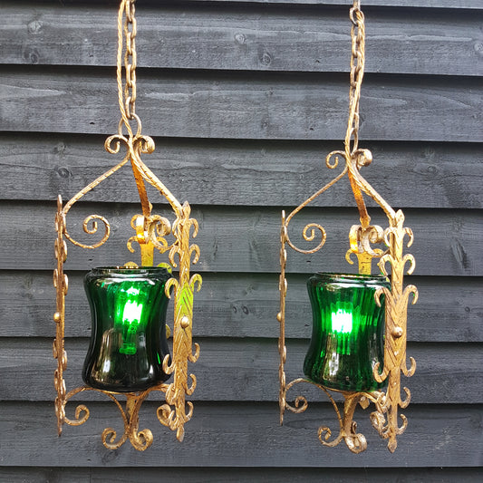 Pair of Baroque Murano Gilded Ceiling Pendant Lights