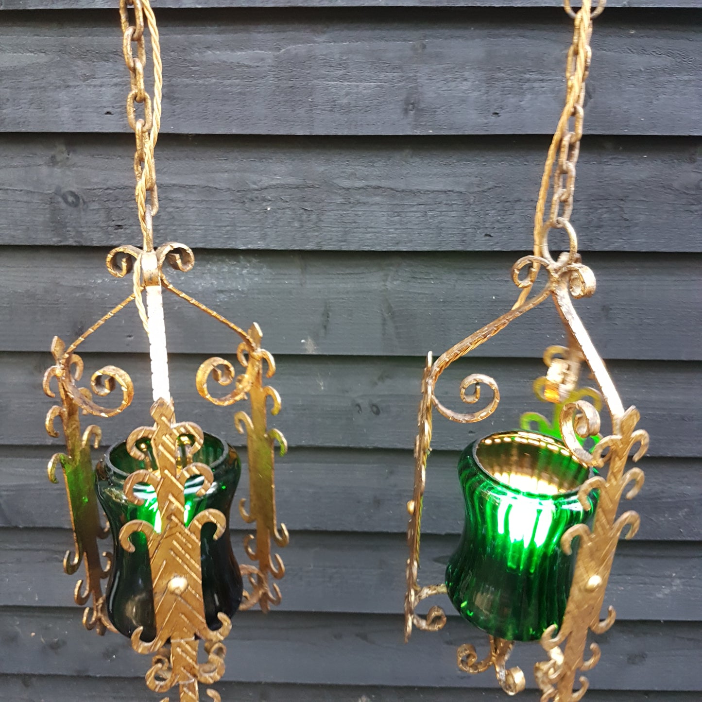 Pair of Baroque Murano Gilded Ceiling Pendant Lights