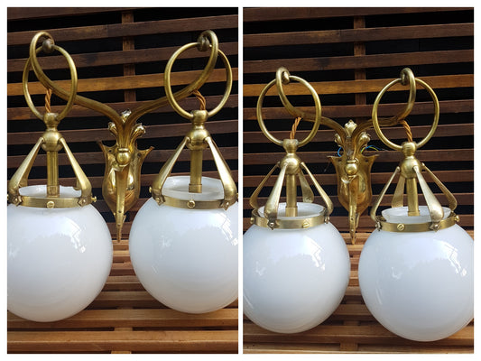 Edwardian Antique Wall Lights with Opaline Shades