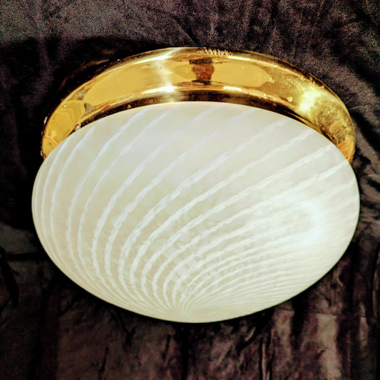 An Italian white Murano glass  Domed Ceiling Light  With Brass Gallery on a black bacgkround
