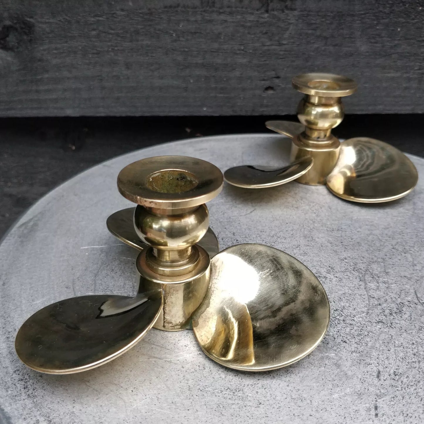 Pair Of Brass Nautical Propeller CandleStick Holders