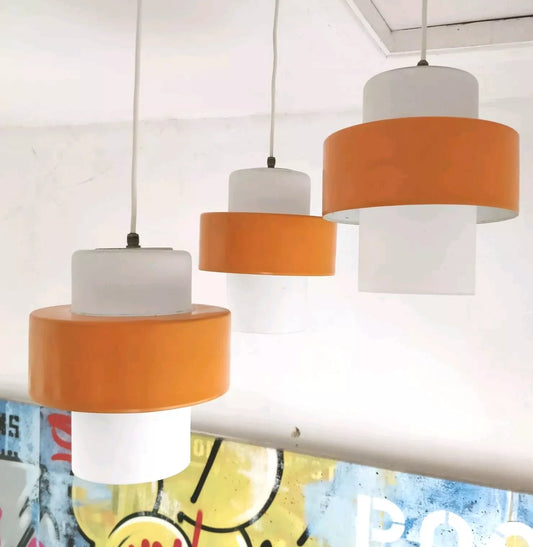 Louis Kalff For Philips Orange Ivy Triple Pendant Glass & Steel Ceiling Light