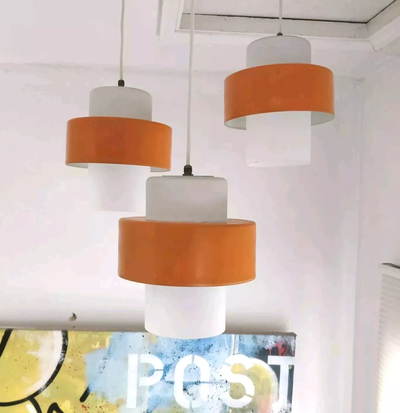 Louis Kalff For Philips Orange Ivy Triple Pendant Glass & Steel Ceiling Light