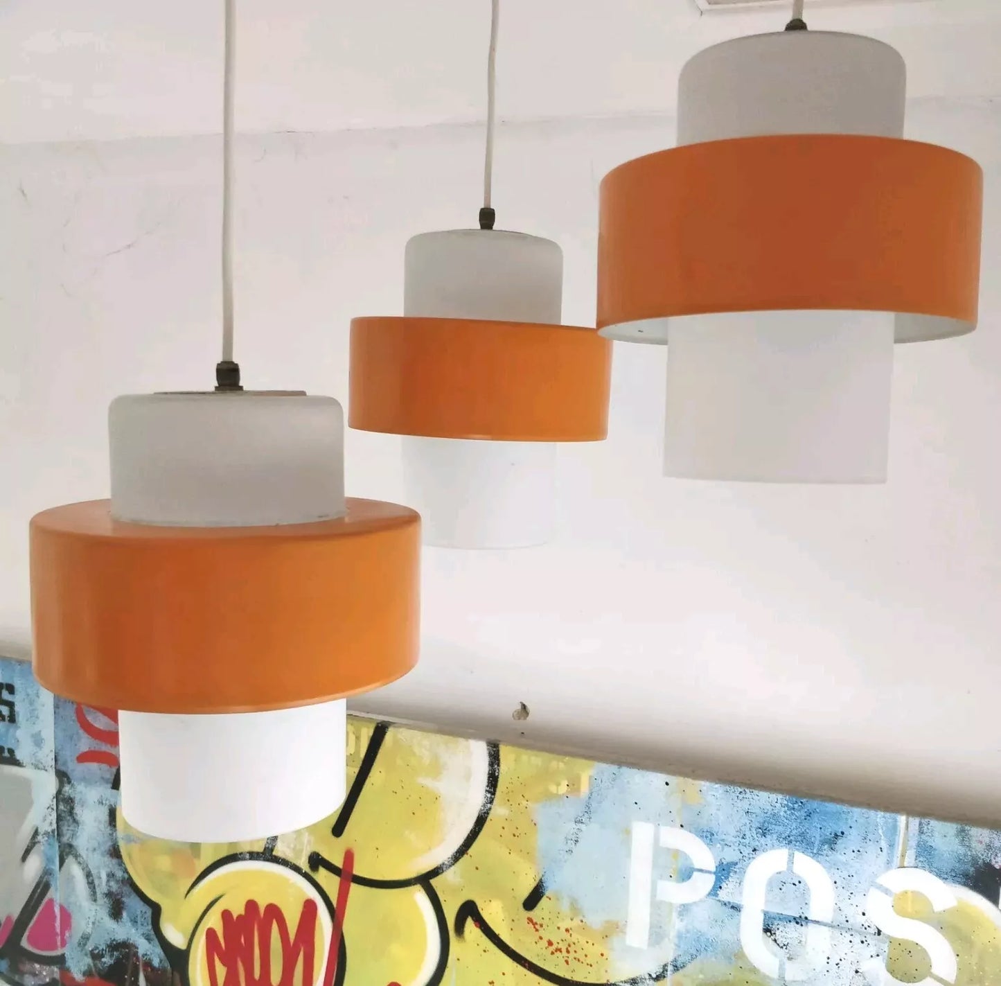 Louis Kalff For Philips Orange Ivy Triple Pendant Glass & Steel Ceiling Light